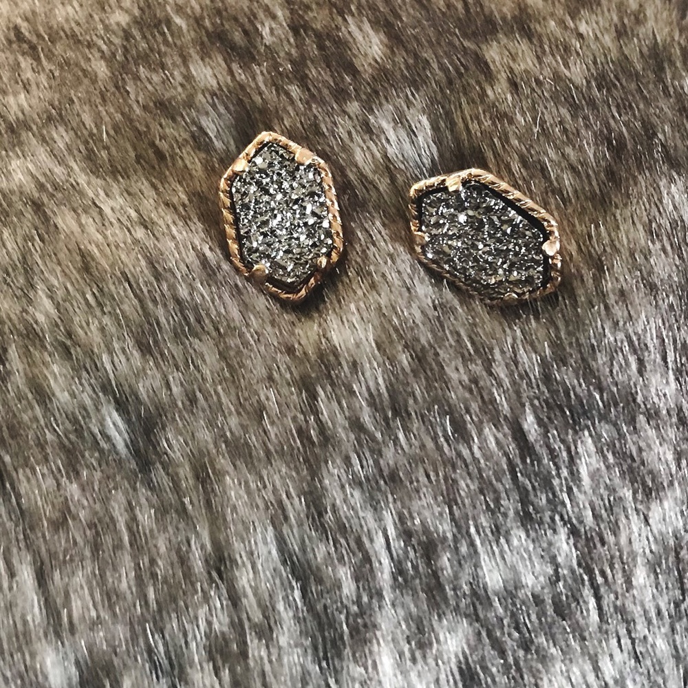 Graphite & Gold Dainty Druzy Stone Stud Earrings - Picture 2 of 2
